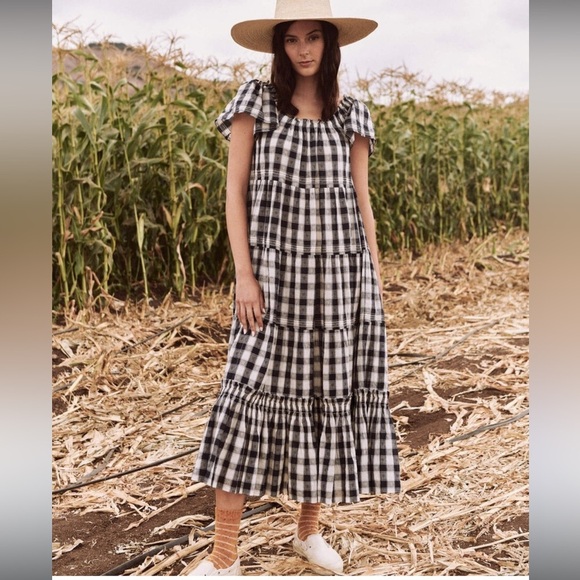 THE GREAT Nightingale Gingham Midi Dress in Navy Blue Heart Size 1 - Picture 2 of 14